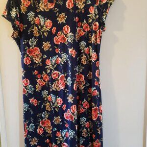 Womens acting pro navy blue red floral roses maxi length dress large
